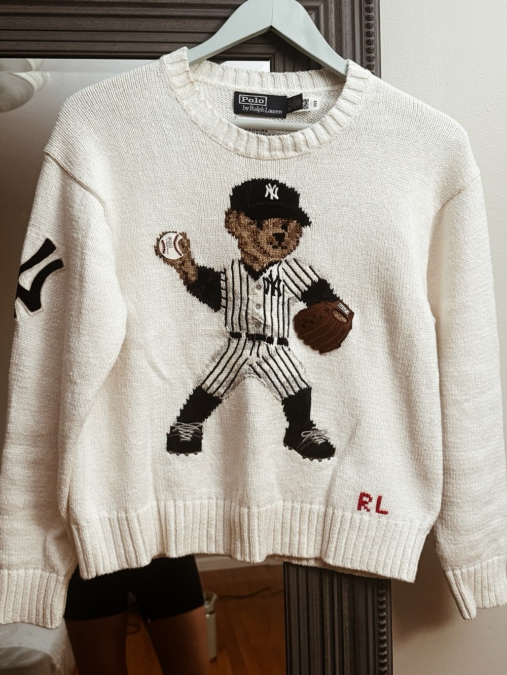 Polo Ralph Lauren Cream Baseball Bear Crewneck Sweater - Picture 1 of 6